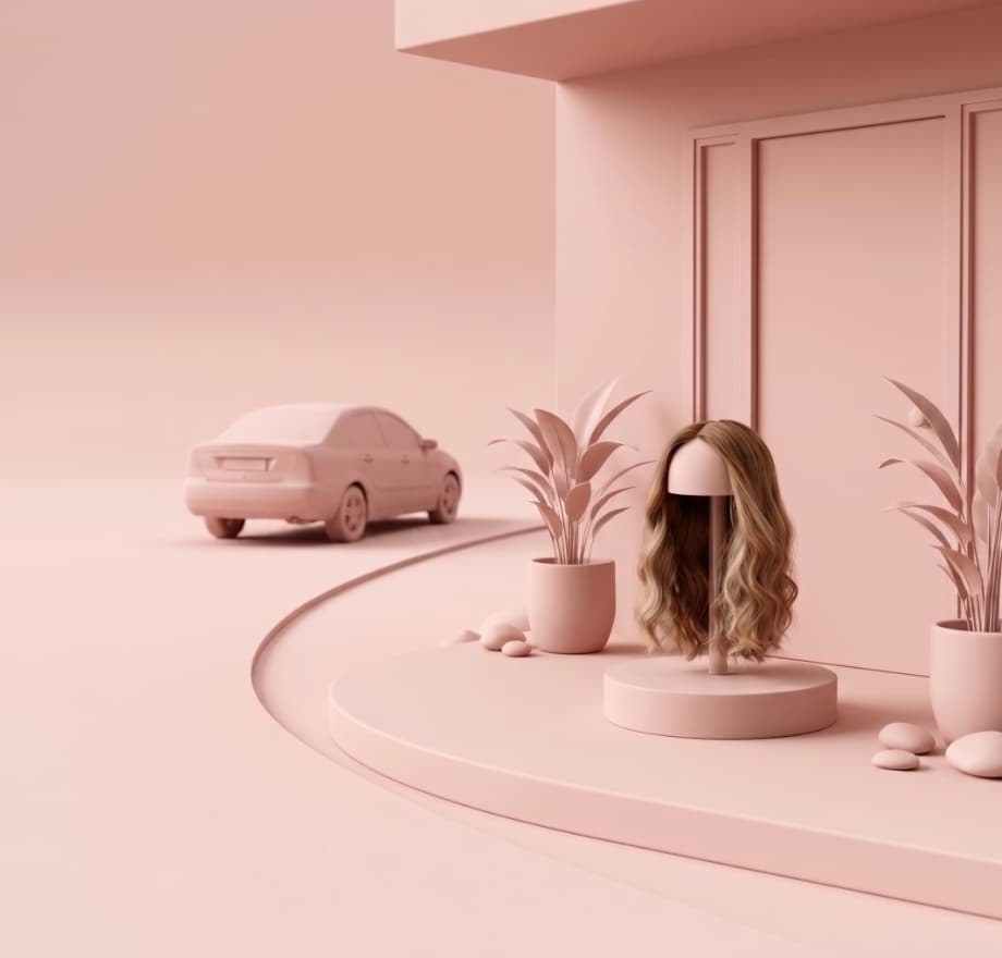Wig on a stand in a soft pink salon scene